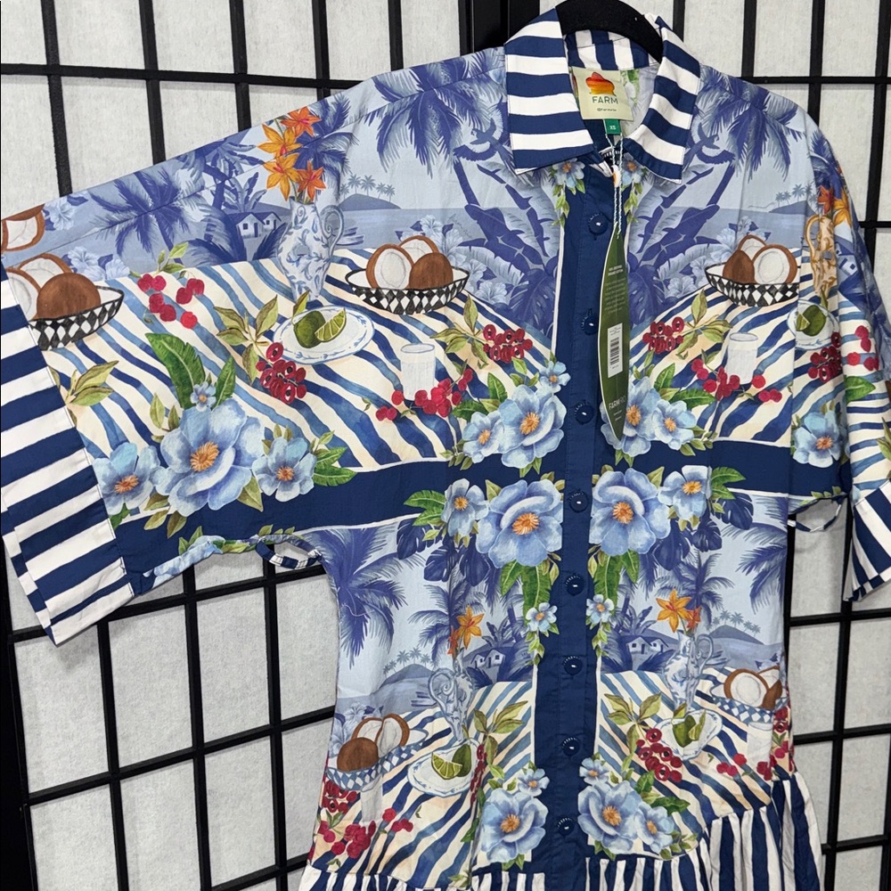 Farm Rio size XS Fresh Table Scarf Midi Dress Blue NWT No Belt - Picture 7 of 12